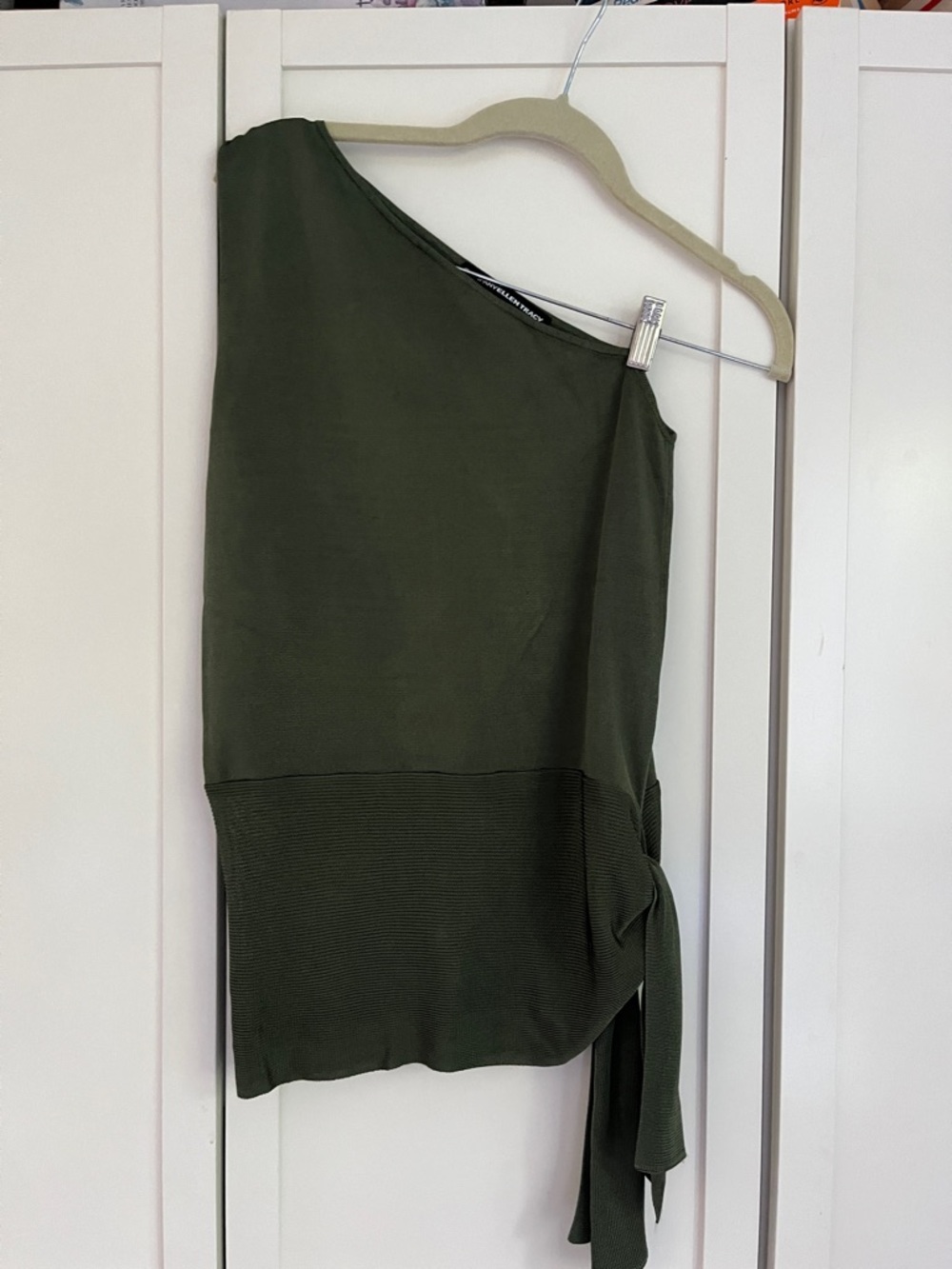 Ellen Tracy Olive Asymmetrical One-Shoulder Tie Skirt